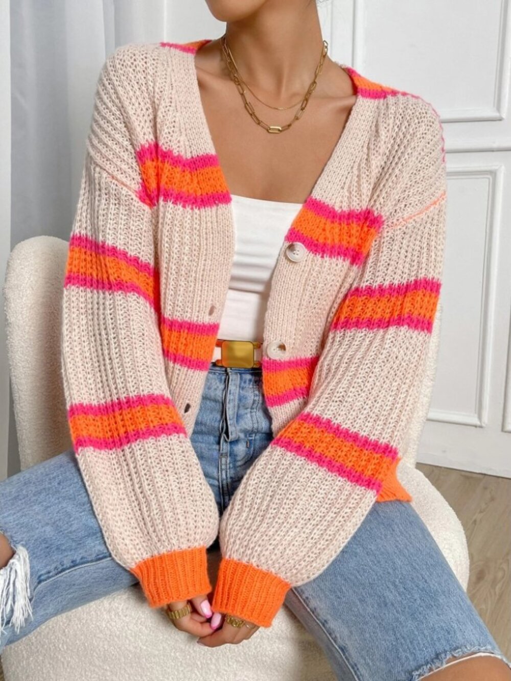 Cream Knit Cardigan with Pink & Orange Stripe Trim - Picture 4 of 6